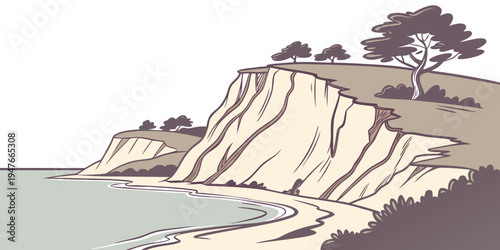 A scenic cliffside with trees and a body of water Vector