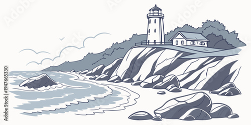 A small lighthouse on a rocky coastline Vector