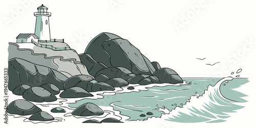 A lighthouse on a rocky cliff by the sea Vector
