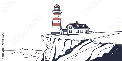 A red and white lighthouse on a cliff Vector