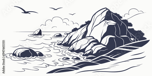 A rocky mountain landscape with birds flying overhead Vector