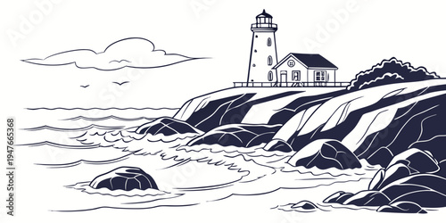 A black and white drawing of a lighthouse on a rocky coastline Vector