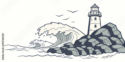 A lighthouse on a rocky coastline with a wave crashing Vector