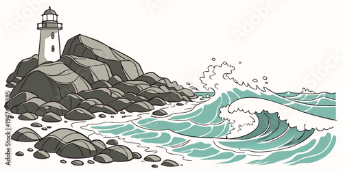 A lighthouse on a rocky coastline with waves crashing Vector