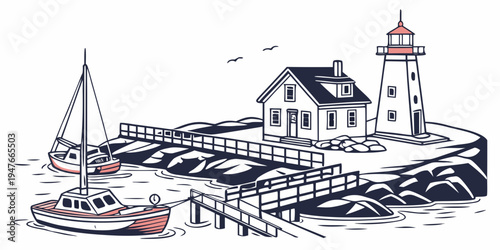 A small lighthouse next to a dock with a sailboat Vector