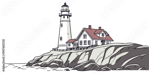 A white lighthouse on a rocky cliff Vector