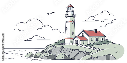 A lighthouse on a rocky island with a house and birds flying overhead Vector