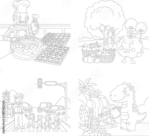 Children's coloring pages: chef robot pizza, dinosaur fruit, street crossing, jungle waterfall fun, coloring book, kids activity