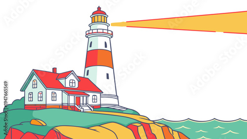 A lighthouse and house on a rocky cliffside Vector