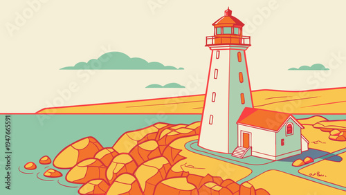 A lighthouse on a rocky coastline by the sea Vector