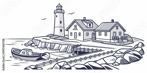 A lighthouse and buildings on a rocky coastline Vector