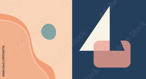 Abstract geometric shapes in peach and navy with a dark silhouette