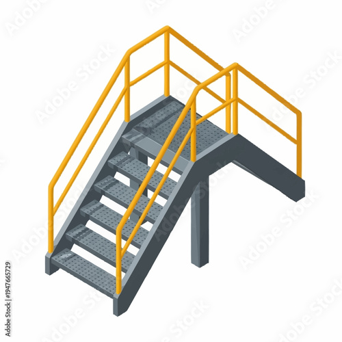Isometric illustration of a metal staircase with yellow railings.