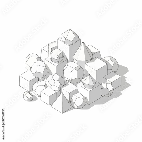 Illustration of a pile of various geometric shapes, including cubes, spheres, pyramids, and other polyhedra, in a monochrome style.
