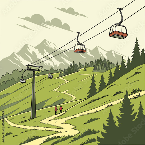 A mountain resort with a ski lift and people hiking on a green slope Vector
