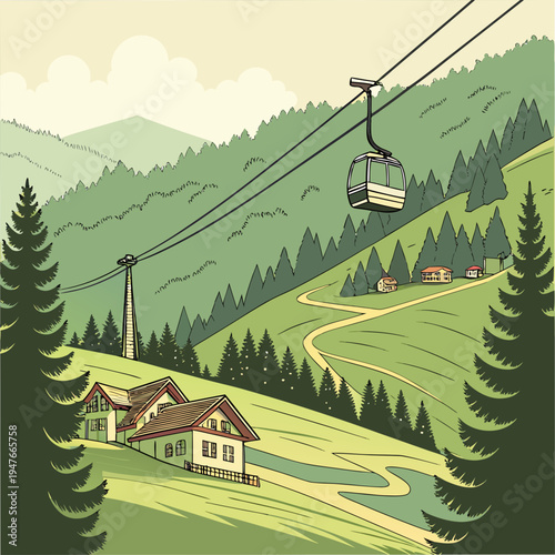 A ski lift going up a mountain with a house and trees Vector