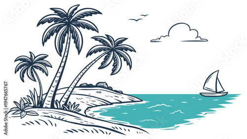 Tropical Island Lagoon with Palm Trees and Sailboat Vector