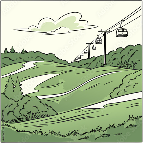 A ski lift on a green hillside with a cloudy sky Vector