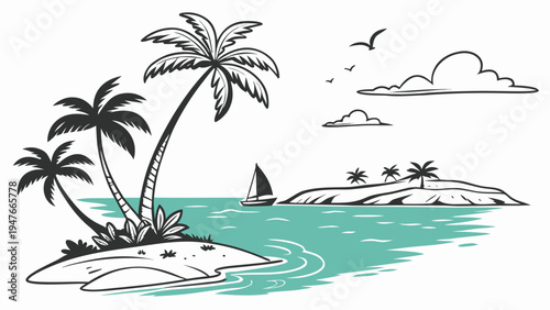 Tropical Island Lagoon with Palm Trees and Sailboat Vector