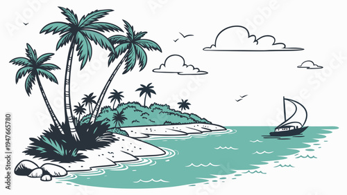 Tropical Island Lagoon with Palm Trees and Sailboat Vector