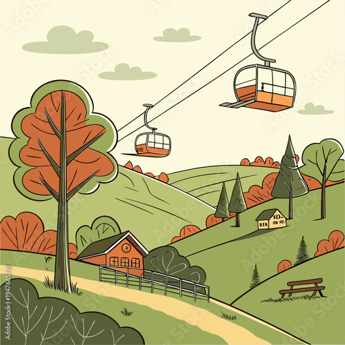 A cable car rides over a green hillside with trees and a house Vector