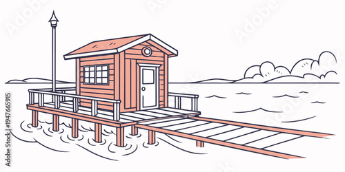 A small orange train station with a platform and tracks Vector