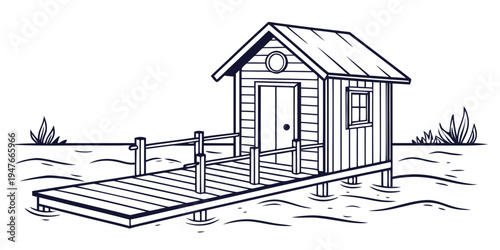 A small wooden house with a deck and fence Vector