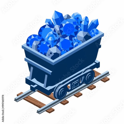 Isometric illustration of a mine cart filled with blue gemstones on a track.