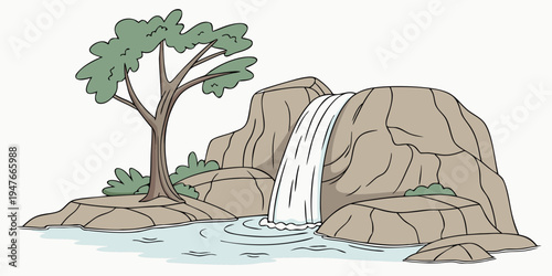 A waterfall cascading down a rocky cliffside next to a tree Vector