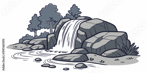 A waterfall cascading down a rocky hillside Vector
