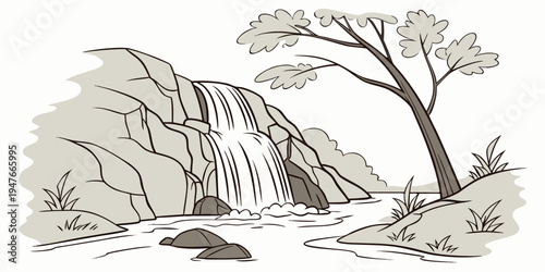 A tree and a waterfall on a rocky cliffside Vector