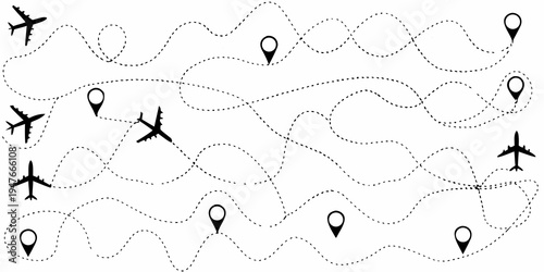 Airplanes following dotted flight paths with location pin markers
