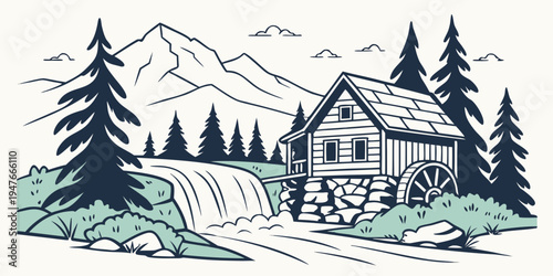 A house next to a waterfall and a mountain Vector