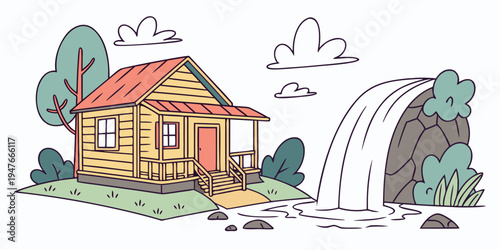 A small wooden house with a red roof near a waterfall Vector