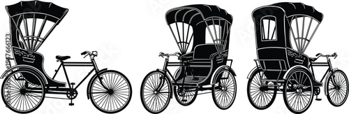Traditional cycle rickshaw vector illustration set isolated black silhouette passenger tricycle transport vintage Asian street taxi design collection urban mobility