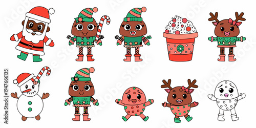 Colorful cartoon christmas characters including santa reindeer and sweets