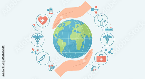 Global Healthcare Concept with Hands Protecting Earth and Medical Icons Illustration