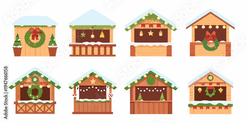 Charming illustrated christmas market stalls with festive decorations
