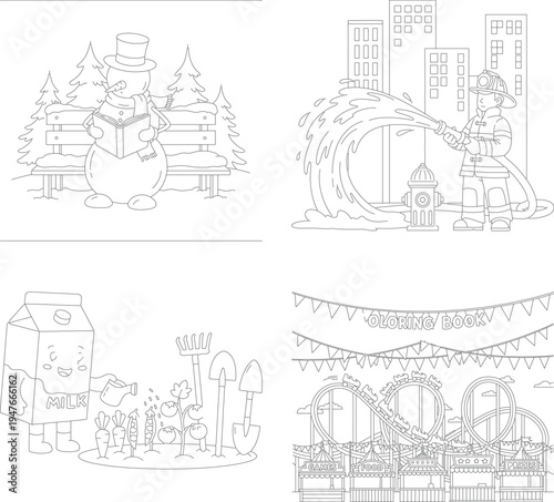 Children's coloring book: snowman reader, firefighter hero, farm scene, amusement park fun pages, kids activity, line art