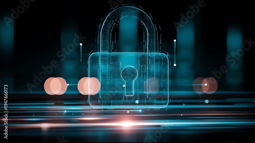 Digital cybersecurity concept with glowing padlock and futuristic data protection technology background