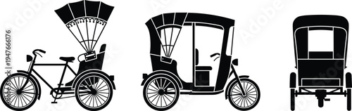 Traditional cycle rickshaw transport silhouettes set including side front and passenger views isolated vector illustration for urban mobility design collection