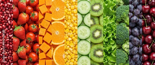 Colorful vegetable and fruit arrangement kitchen counter food photography bright and fresh environment top view healthy eating concept