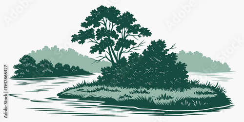 A small island with trees and grass in the middle of a body of water Vector
