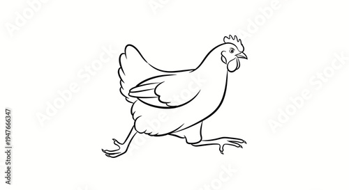 A detailed black and white line drawing of a running chicken, showcasing its avian features and movement
