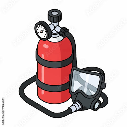 Illustration of a red scuba tank with a pressure gauge and a black diving mask.