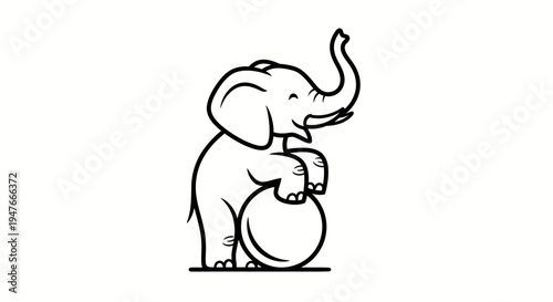 Minimalist black and white line art of a playful baby elephant playfully balancing a round ball, capturing a moment of animal agility and charm