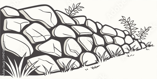 A stone wall with grass and plants growing around it Vector