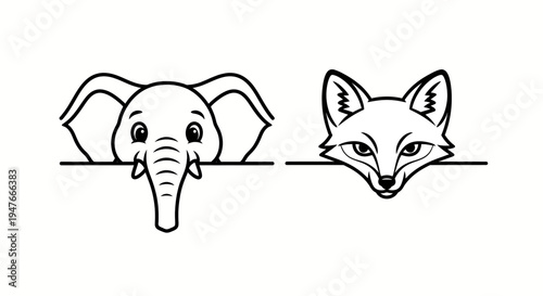 Playful black and white vector outline of a baby elephant and a cunning fox, showcasing their faces in a charming, peeking pose for whimsical graphics