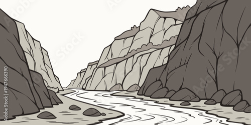 A rocky canyon with a river running through it Vector