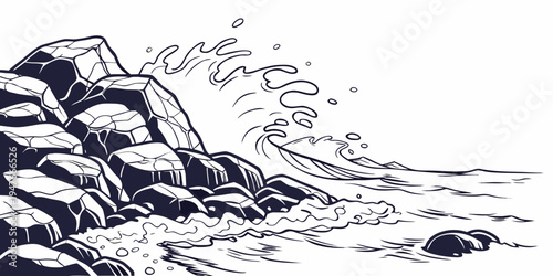 A black and white illustration of a rocky cliffside by the ocean Vector